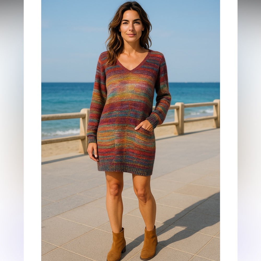 Ultra Flirt soft colored fall striped sweater dress with pockets!